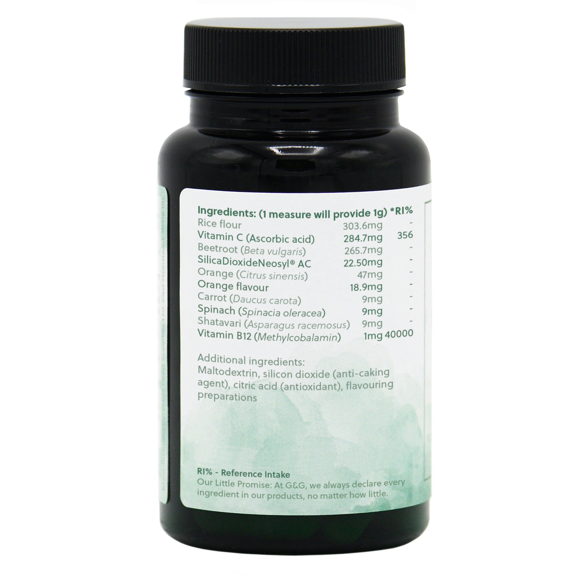Ingredients label for Vitamin B12 Drink Mix 50g Powder