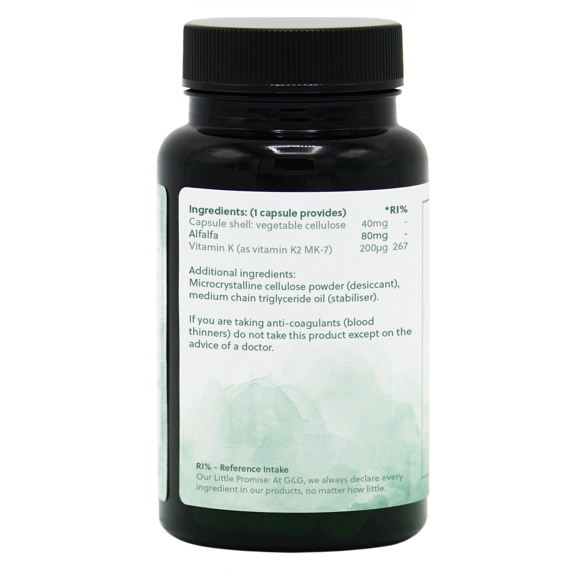Ingredients label for High-Strength Vitamin K2 200µg 90 Capsules