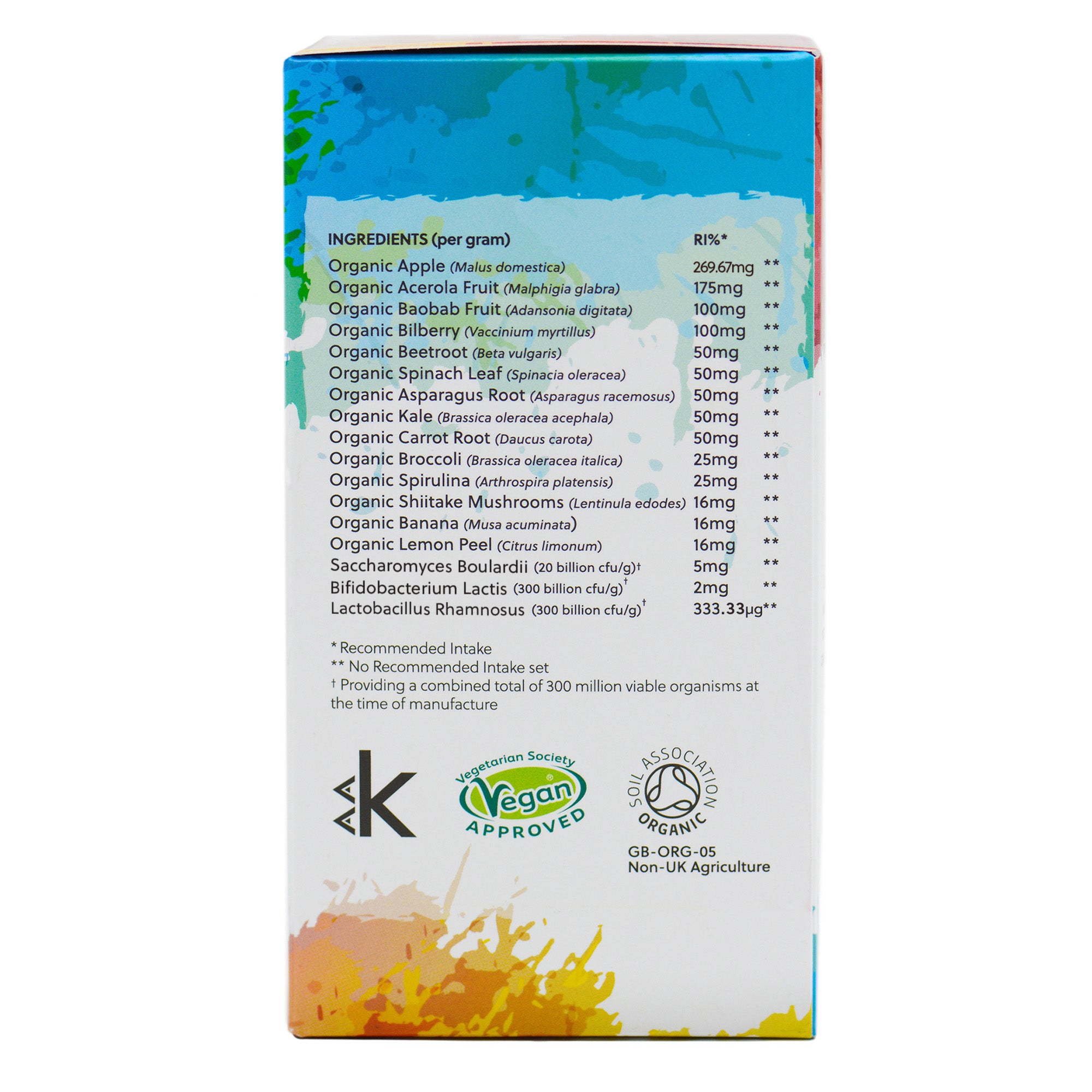 Ingredients label for Organic Kid’s Rainbow Food Powder 100g Powder