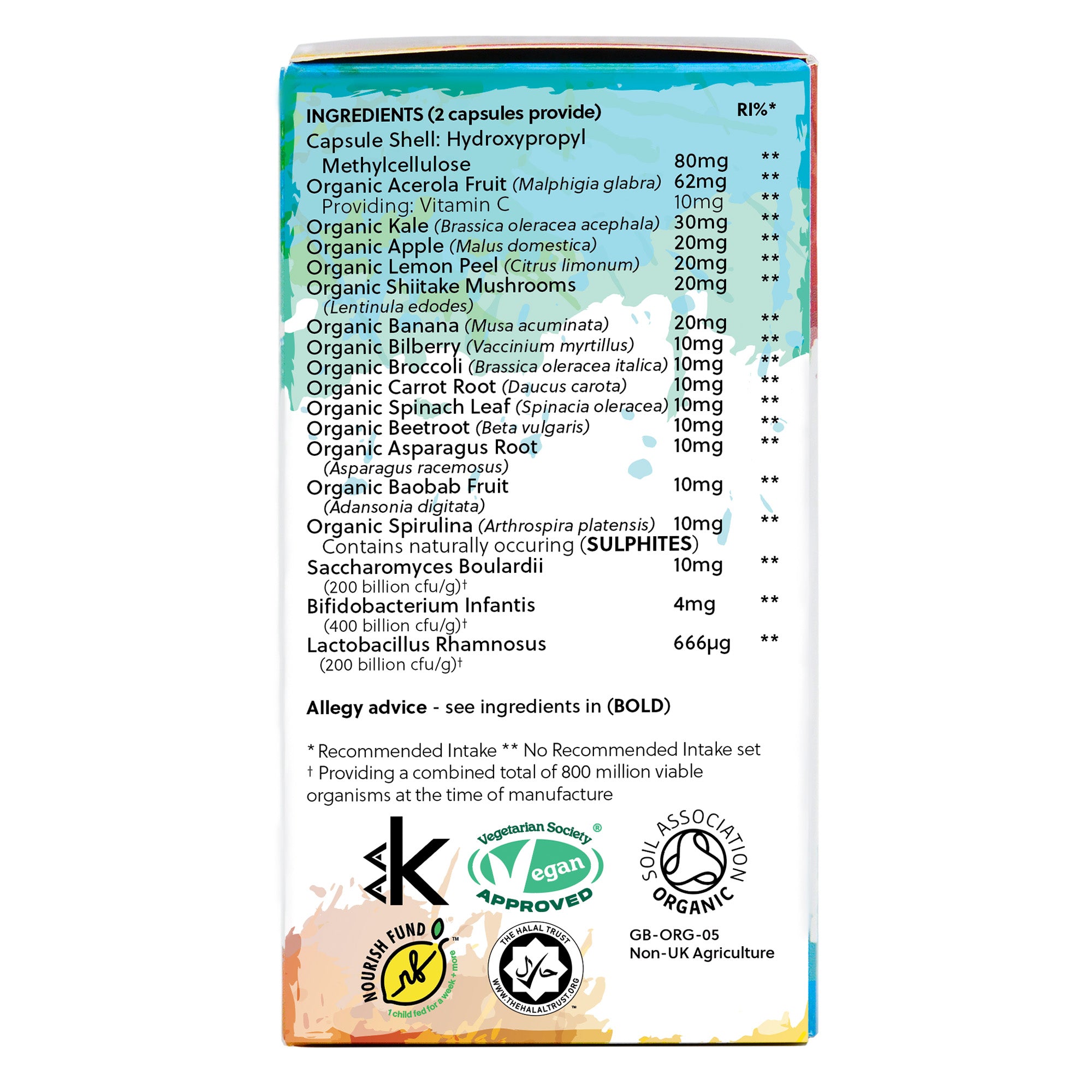 Ingredients label for Organic Kid’s Rainbow Food Capsules 120 Capsules