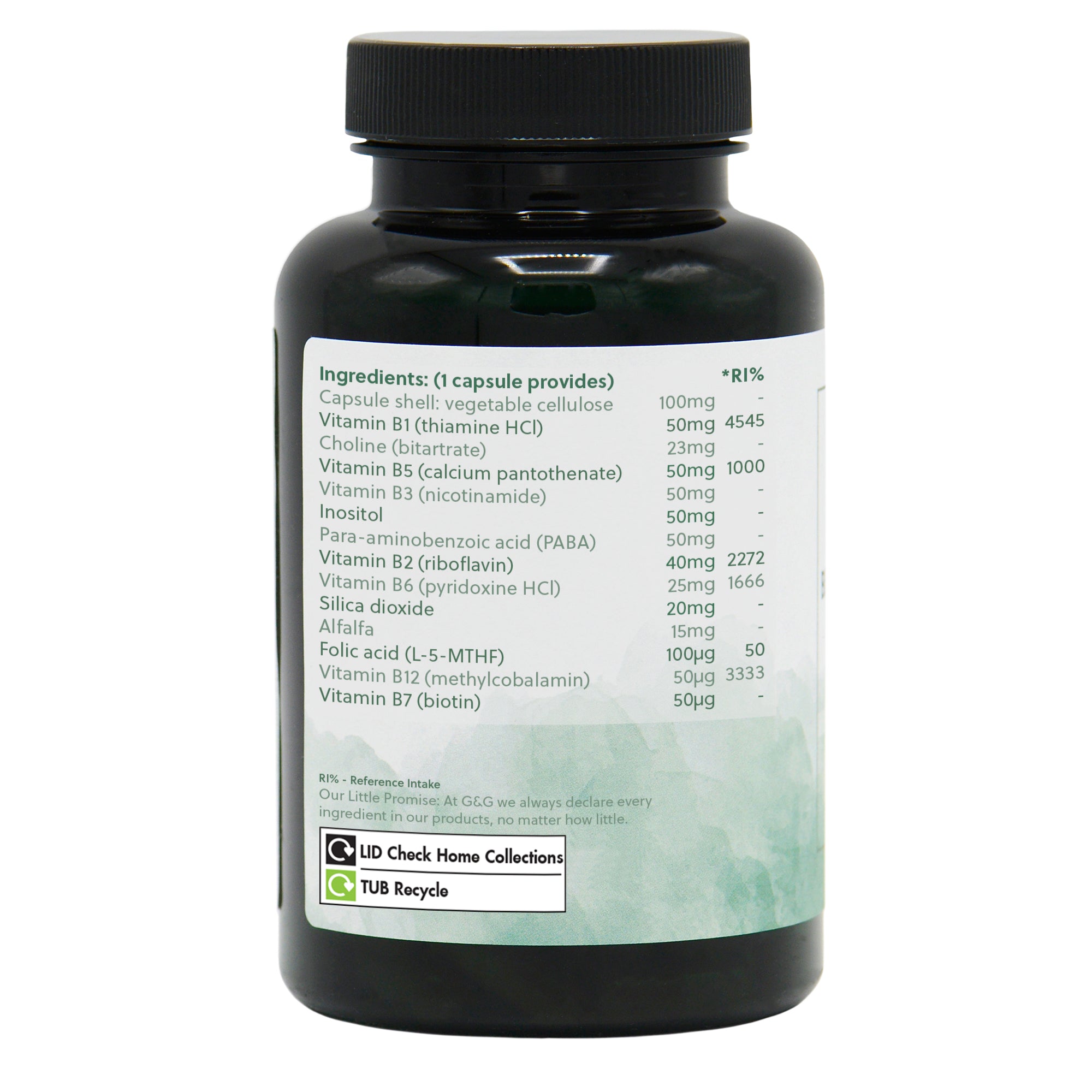 Ingredients label for Vitamin B-Complex 50mg (with Nicotinamide) 120 Capsules