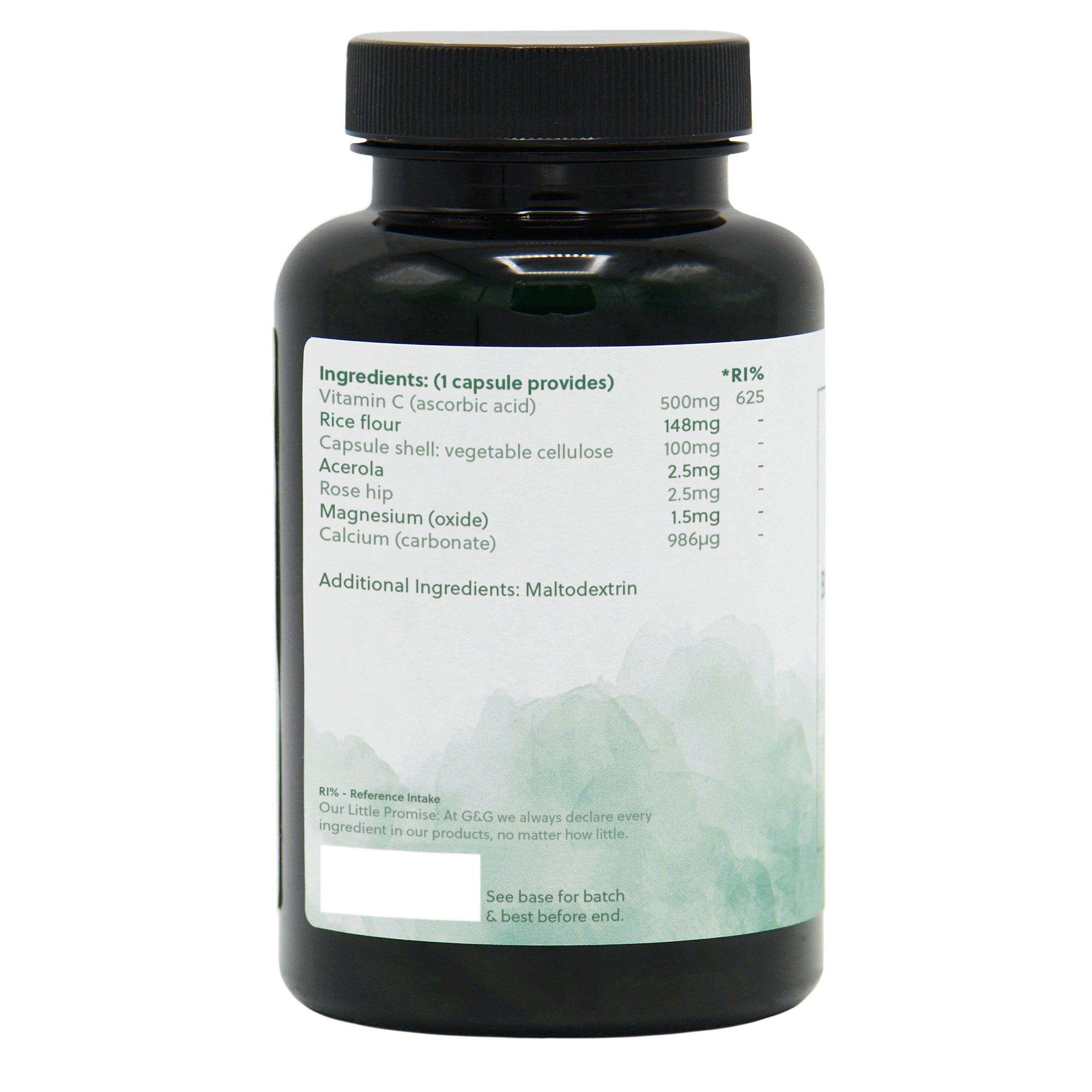 Ingredients label for Vitamin C Complex 500mg (with Rose hip & Acerola) 120 Capsules