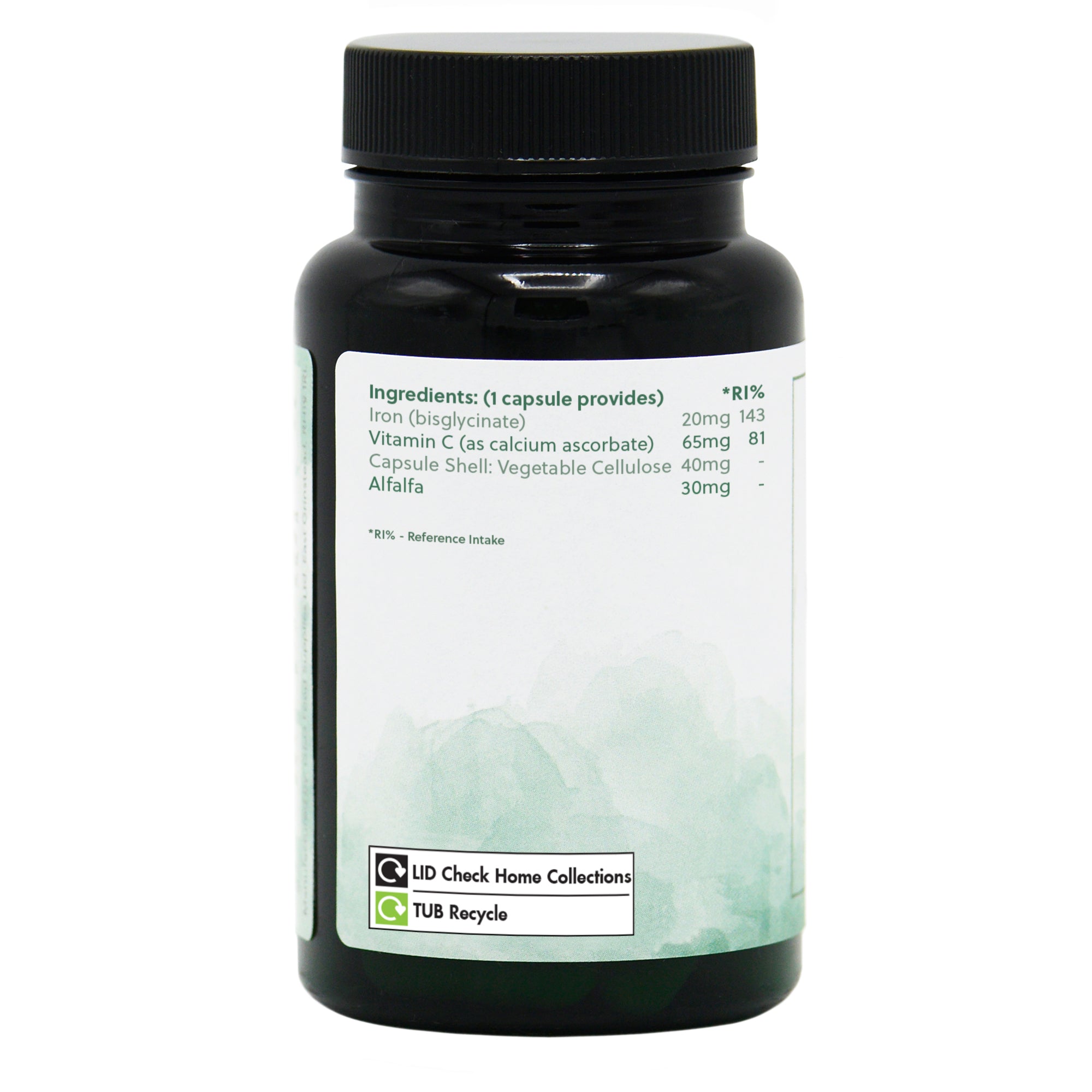 Ingredients label for Iron (Bisglycinate) 20mg 60 Capsules