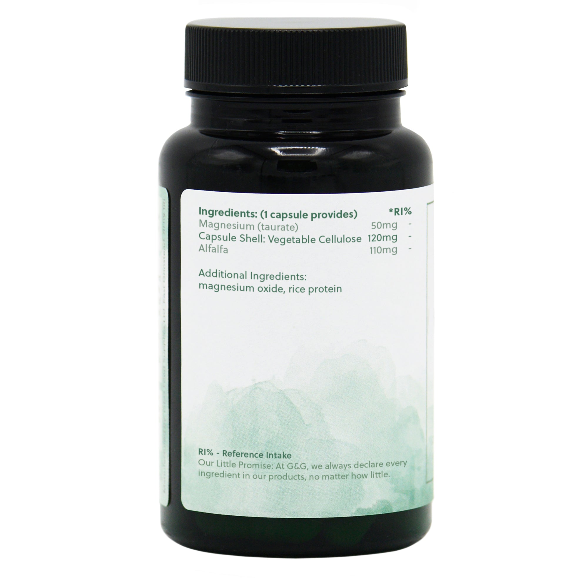 Ingredients label for Magnesium Taurate 50mg 60 Capsules