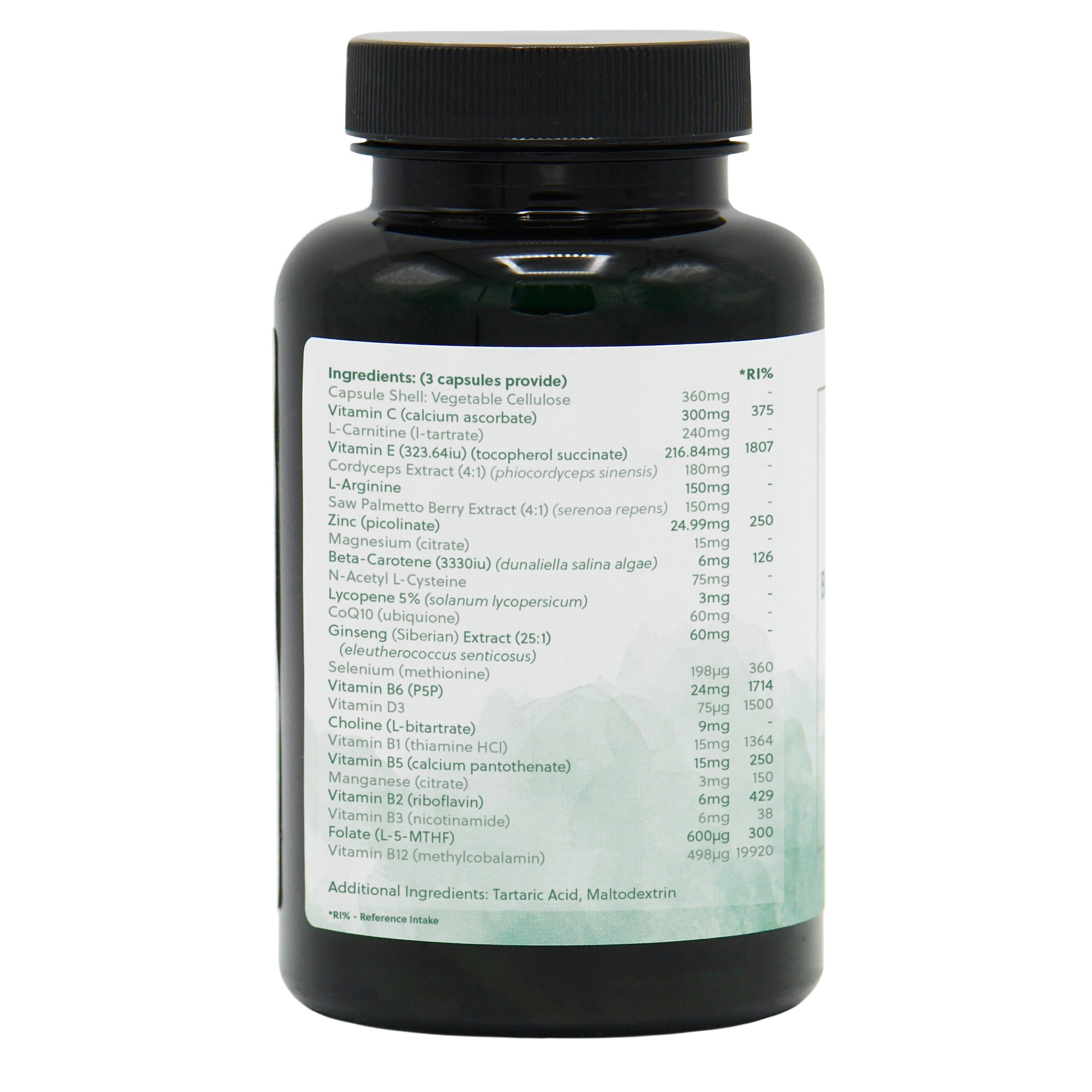 Ingredients label for Fertility Men 90 Capsules