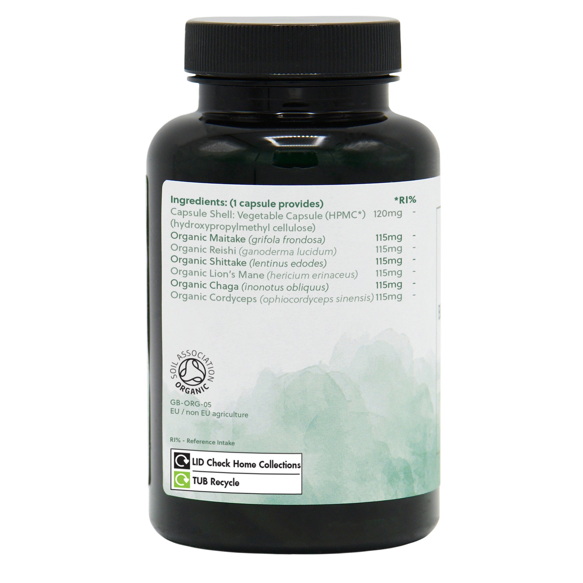 Ingredients label for Organic Mushroom Blend 90 Capsules