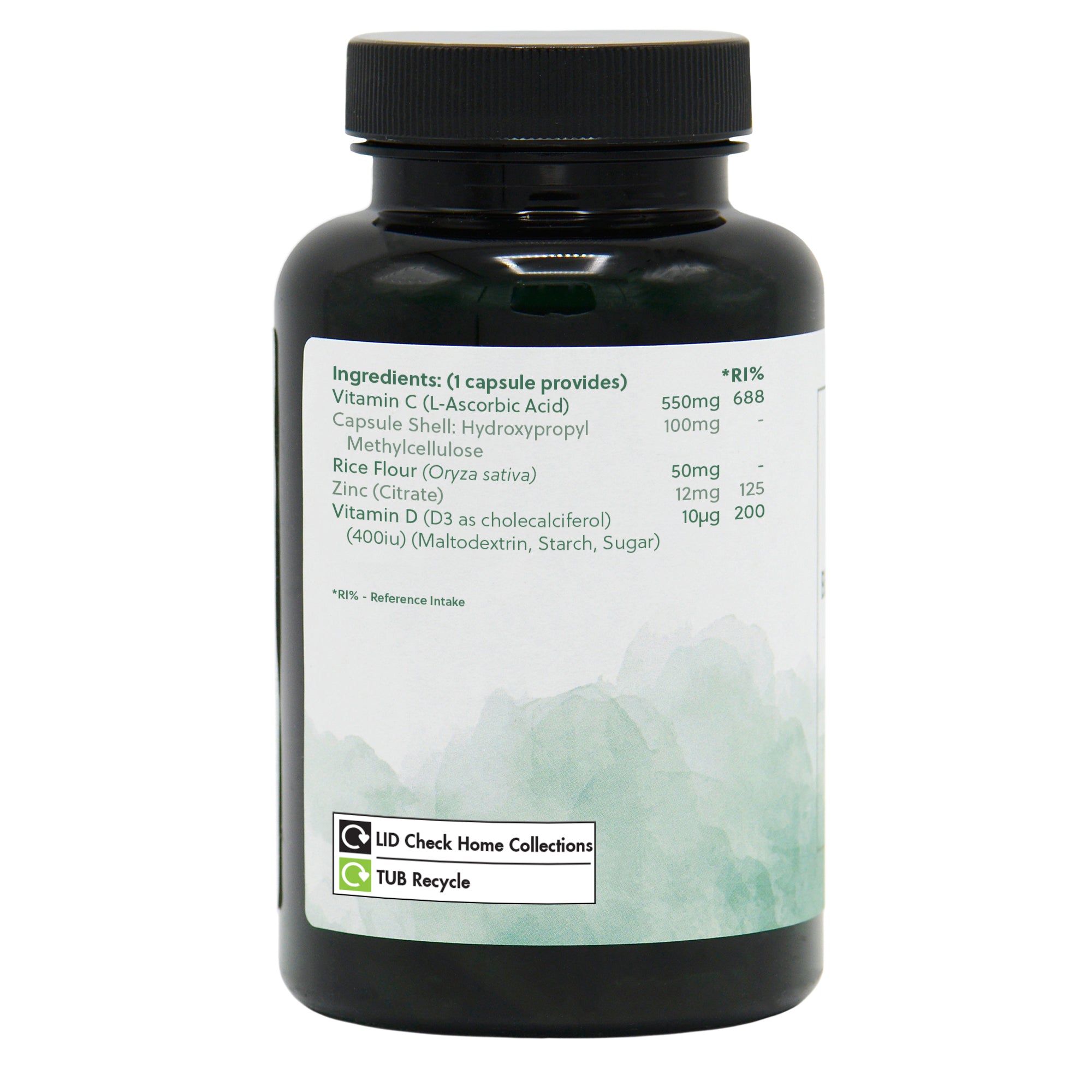Ingredients label for D3, Zinc & Vitamin C 90 Capsules