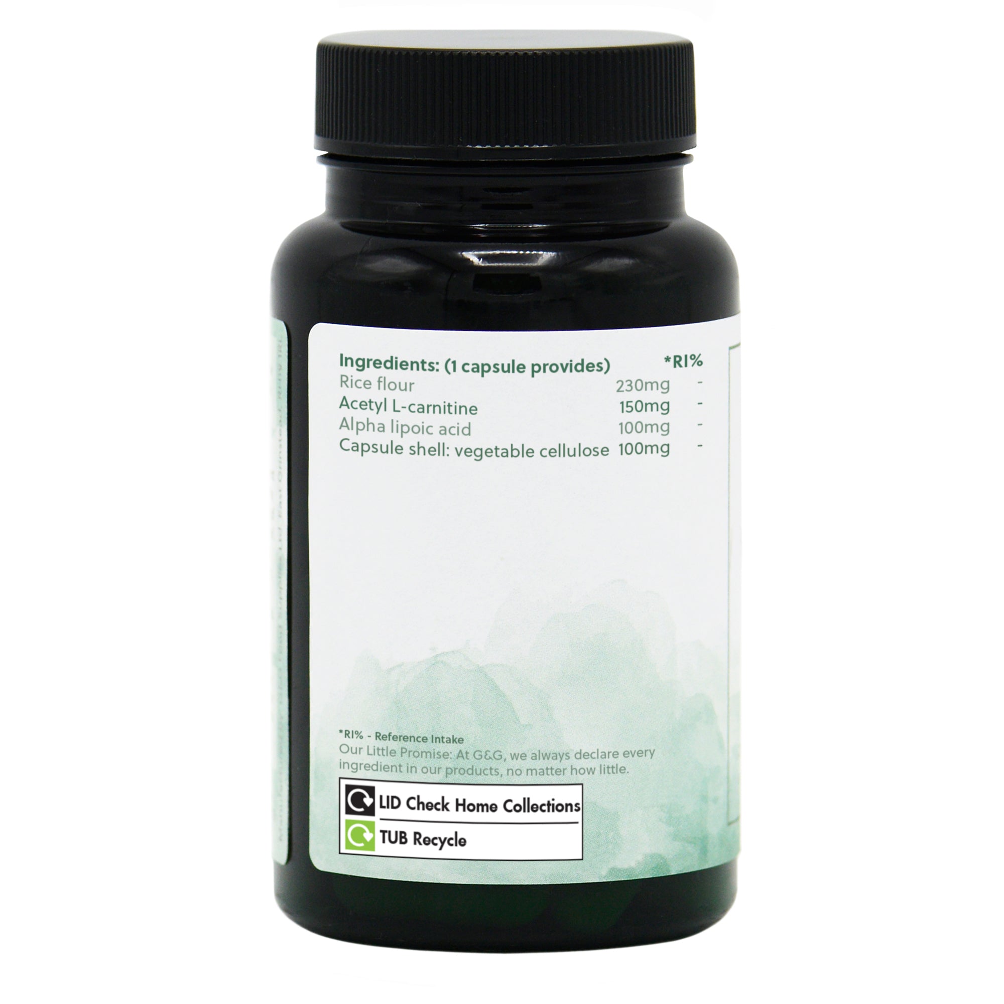 Ingredients label for Alpha Lipoic Acid 100mg & Acetyl L-Carnitine 150mg 60 Capsules