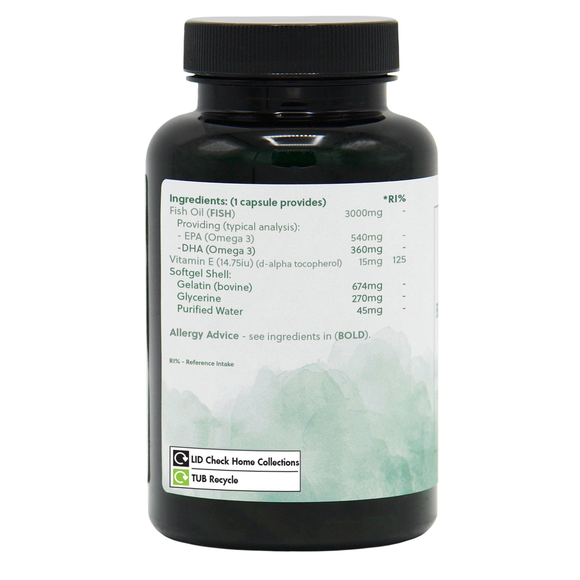 Ingredients label for Omega 3 Fish Oil 90 So gels