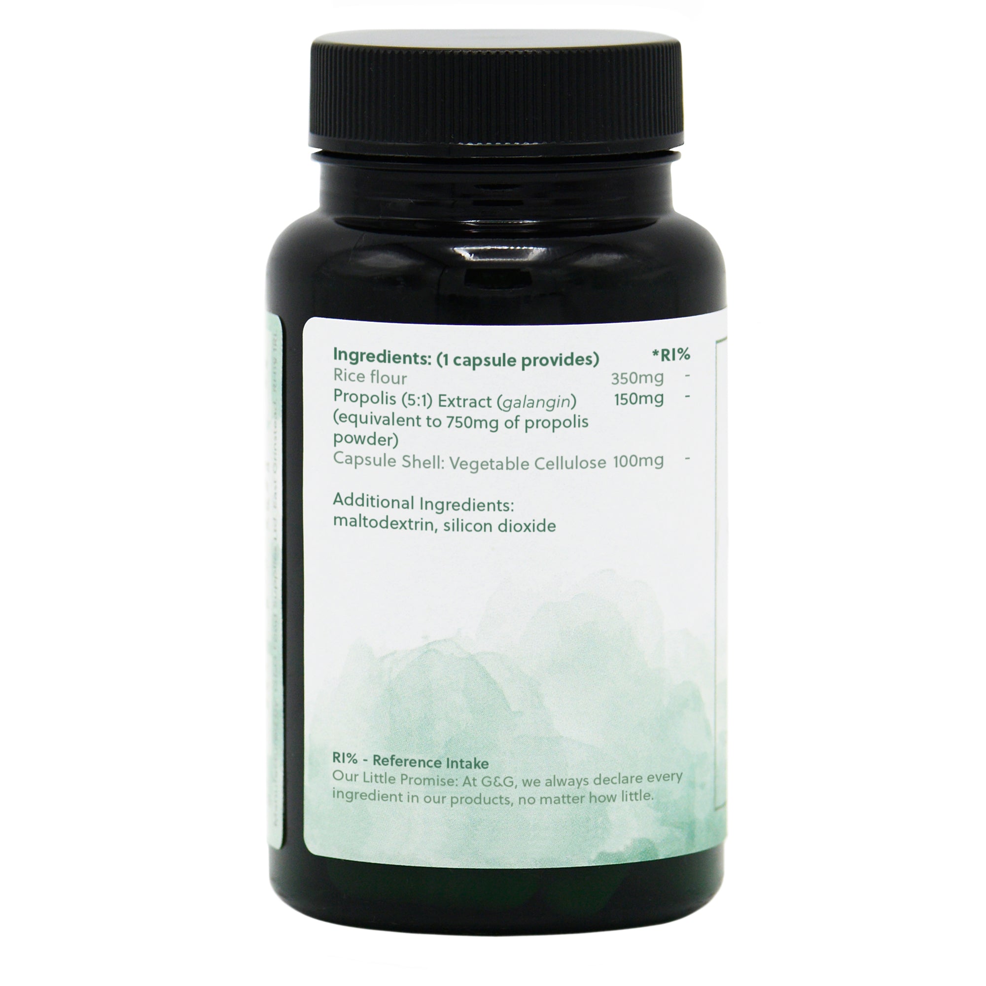 Ingredients label for Propolis 750mg (5:1 Extract) 60 Capsules