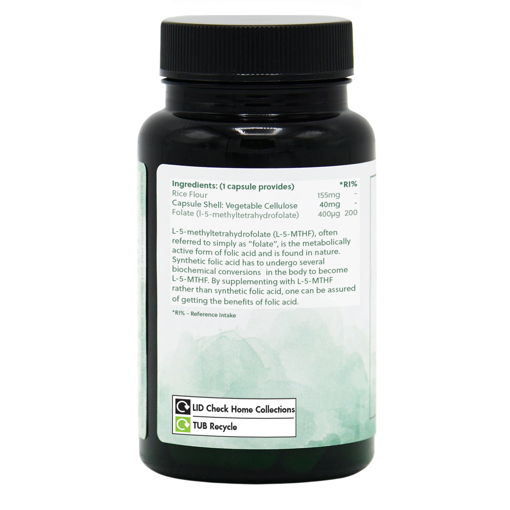Ingredients label for Folic Acid (L-5-MTHF) 400µg 120 Capsules