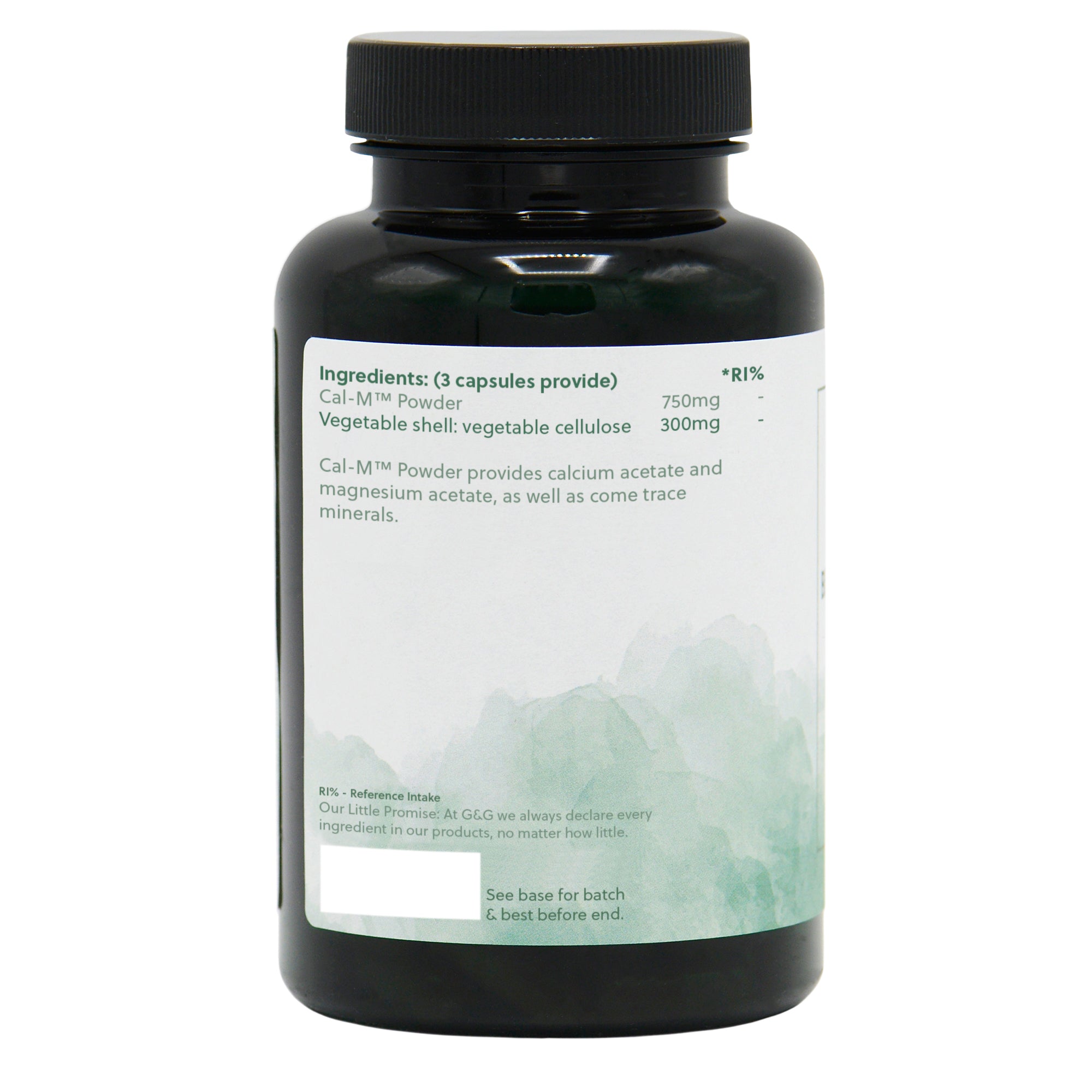 Ingredients label for Cal-M 250mg Capsules 120 Capsules