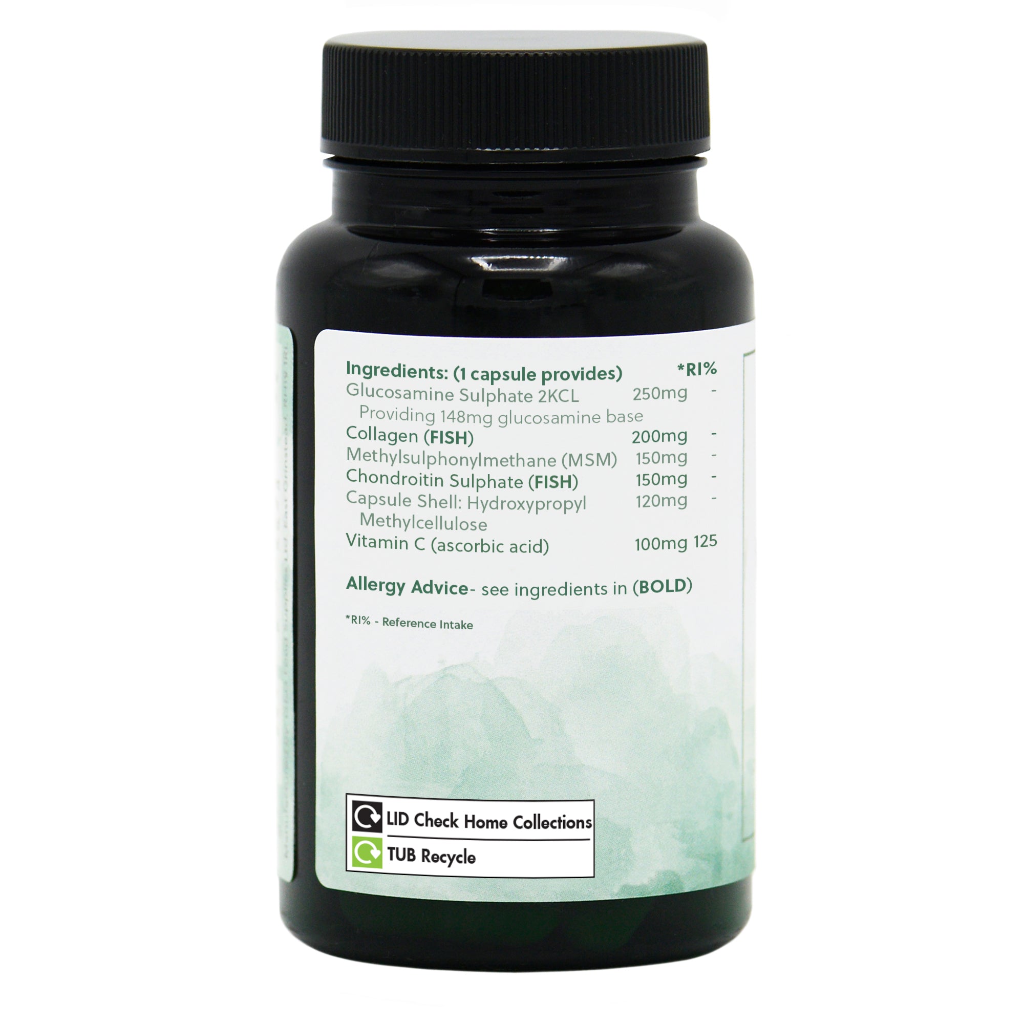 Ingredients label for Collagen Extra (with Glucosamine, Chondroitin & MSM) 60 Capsules