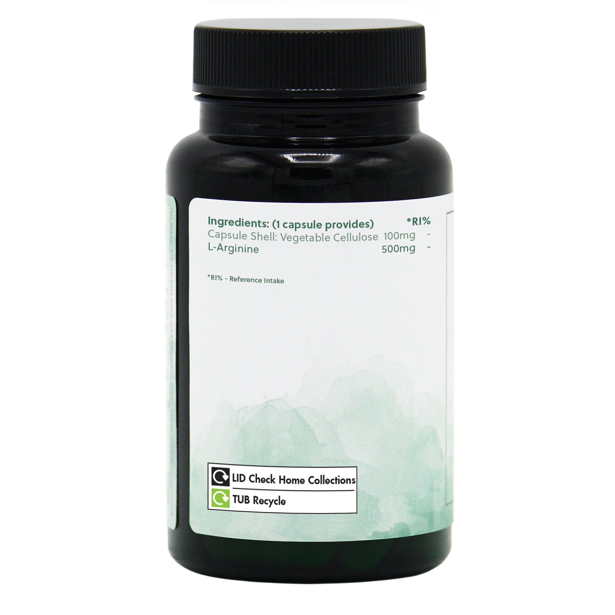 Ingredients label for L-Arginine 500mg 60 Capsules