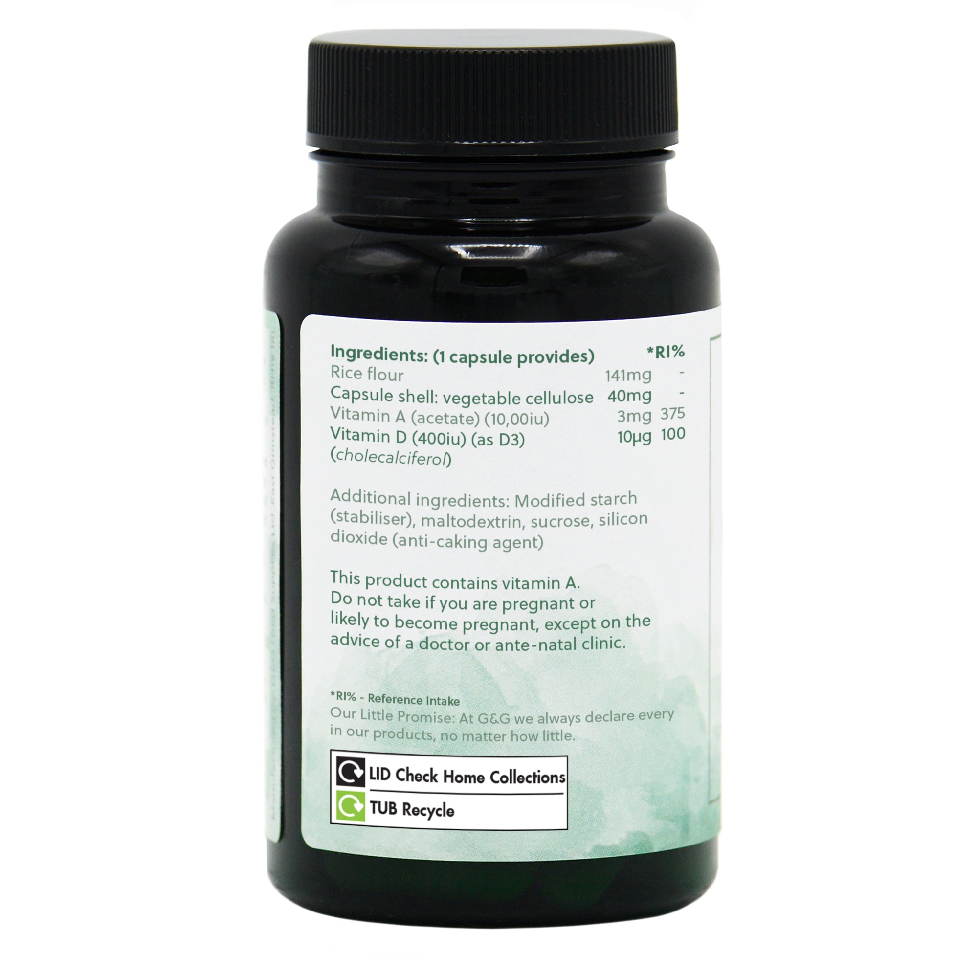 Ingredients label for Vitamin A 10,000iu & D3 400iu 120 Capsules