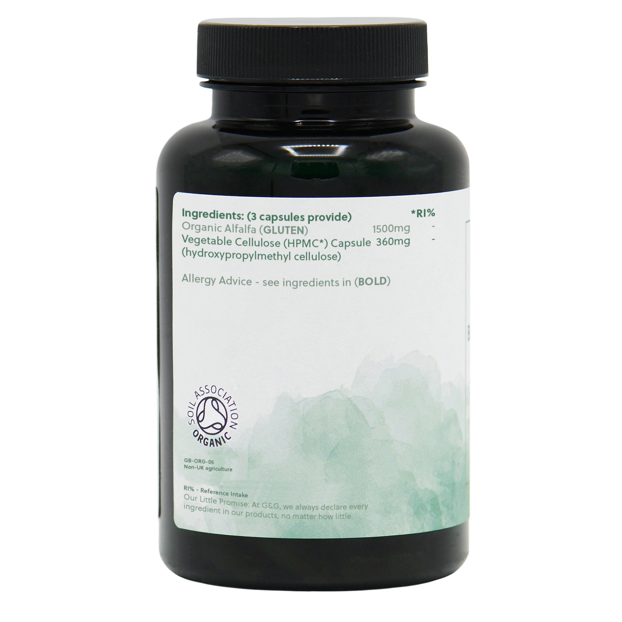 Ingredients label for Organic Alfalfa 500mg 120 Capsules