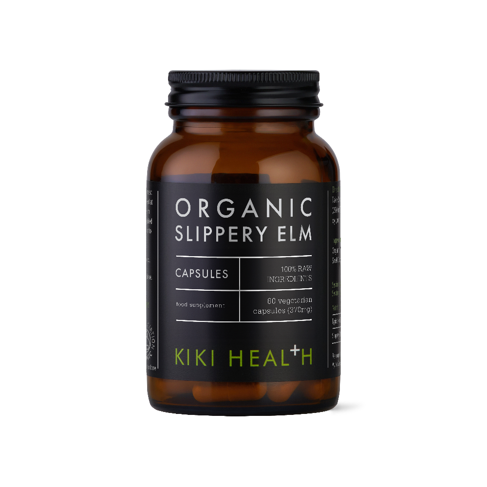 Brown supplement bottle labeled 'Organic Slippery Elm' by KIKI HEAL on a white background