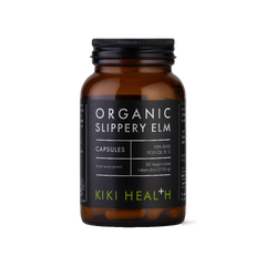 Brown supplement bottle labeled 'Organic Slippery Elm' by KIKI HEAL on a white background